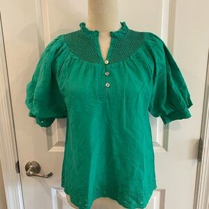 House of Harlow 1960 Emerald Green Puff Sleeve Eyelet Smocked Blouse
